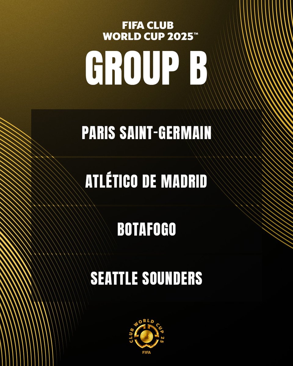 🔴 Groupe B - @FIFACWC 

◾️ Paris Saint-Germain 🇫🇷
◾️ Atlético de Madrid 🇪🇸
◾️ Botafogo 🇧🇷
◾️ Seattle Sounders 🇺🇸

#FIFACWC