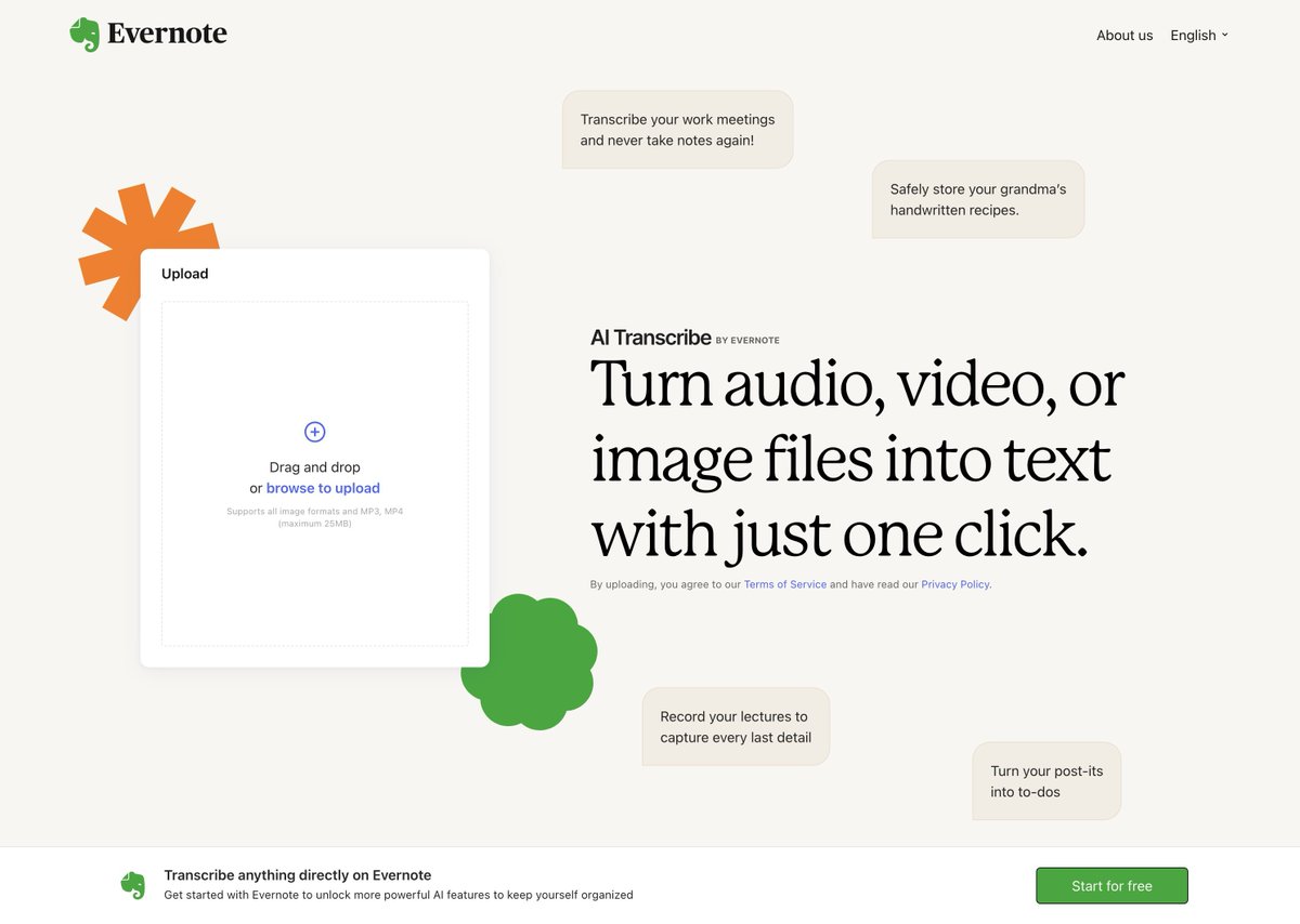 We just launched AI Transcribe! 📜

It's:
‧ a very handy transcription utility
‧ accessible by everybody, publicly on the web
‧ a delight to use 🥰
‧ proof that Evernote is cutting-edge again!

You upload a video/audio/img file and get the transcription as text.
Works great!