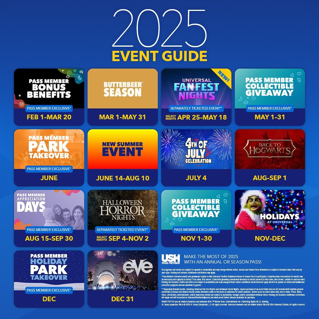 NEW: Universal Studios Hollywood shared a 2025 event guide - which includes dates for events through the end of next year including the new "Universal Fan Fest Nights" from April 25 to May 18 and more.