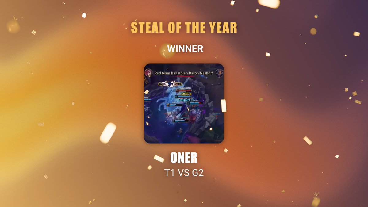 LeagueAwards's tweet photo. Steal that broke EU hearts. 💔

STEAL OF THE YEAR goes to T1 Oner!

#LeagueAwards https://t.co/zzU6RfEng1