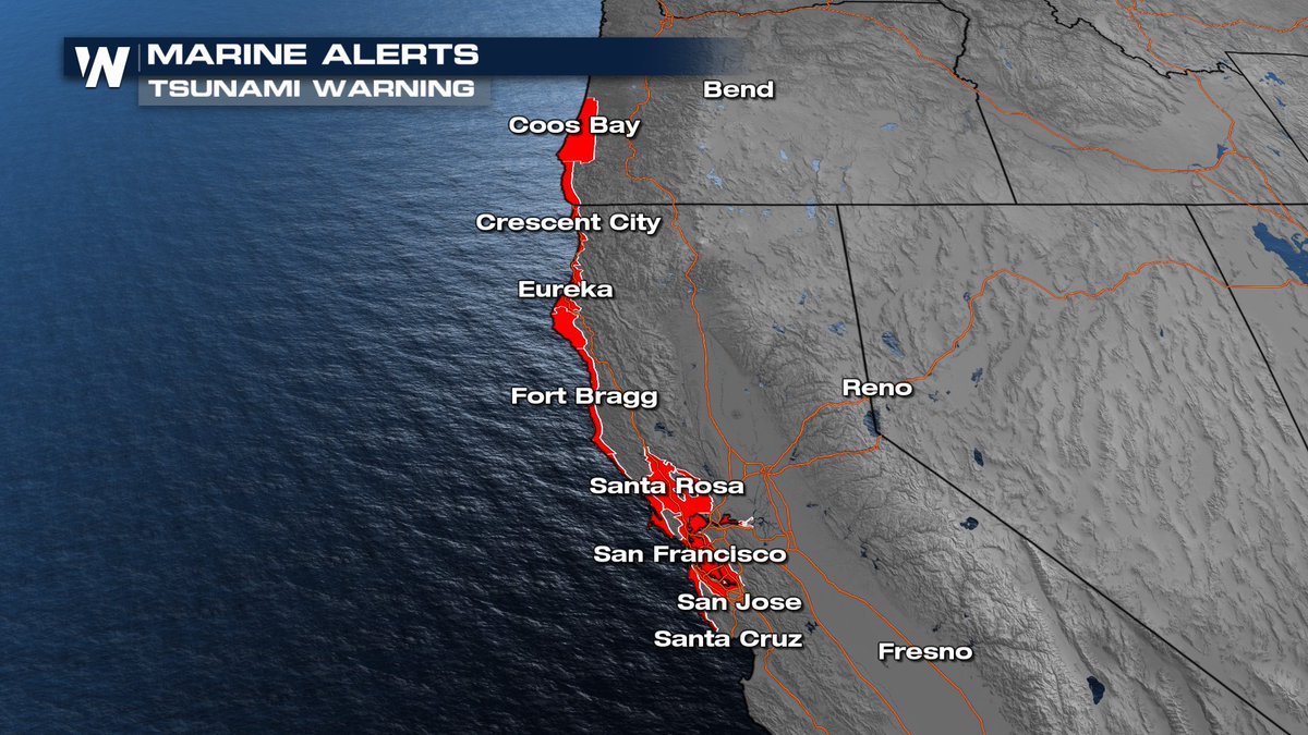 WeatherNation's tweet photo. TSUNAMI WARNINGS in effect for the San Francisco Bay Area after a 7.0 (preliminary) earthquake shook the Northern California Coast. https://t.co/q6MtaSuCVU