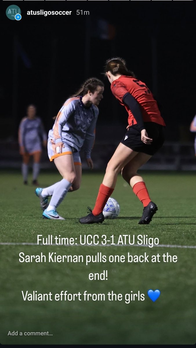 FT. <a href="/UCCWomensSoccer/">UCC Womens Soccer</a> 3-1 ATU Sligo Women

<a href="/sarahkiernan14/">sarah kiernan</a> with our only goal v an excellent UCC side👏 

Well done to manager <a href="/JayMcCartney11/">Jason McCartney</a>, staff &amp; everyone involved especially the players for their time &amp; commitment to get this far 

 <a href="/DslSligo/">Sligo Leitrim Soccer</a> <a href="/oceanfmsport/">Ocean FM Sport</a> <a href="/SligoRvsWomen/">Sligo Rovers Women</a>