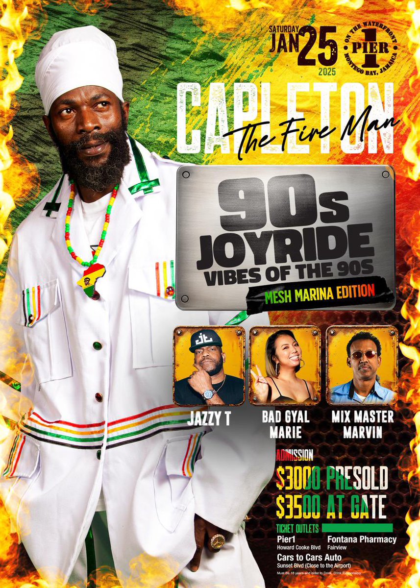 capletonmusic's tweet photo. I’m performing Saturday January 25, 2025 at @90s_joyride Vibes Of the 90s Mesh Marina Edition 📍on the Waterfront Pier 1 MoBay 🇯🇲🔥🔥🔥

🎟️Tickets Outlets: 
📍Pier 1 Howard Cook BLD MoBay 🇯🇲
📍Fontana Pharmacy (Fairview) 🇯🇲

#Capleton #Kingshango #reggae #dancehall #concert https://t.co/qYmPDBQkFR