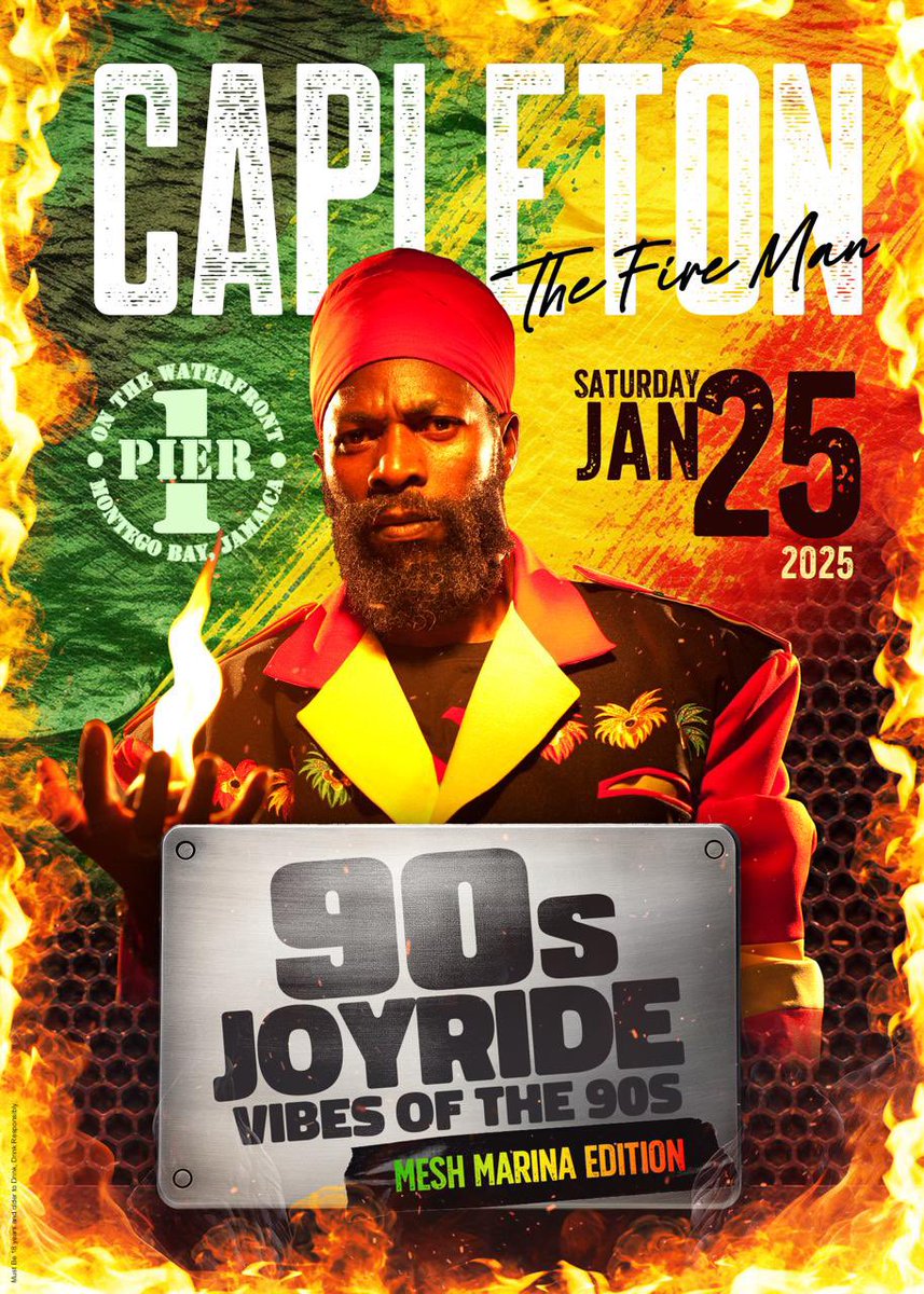 capletonmusic's tweet photo. I’m performing Saturday January 25, 2025 at @90s_joyride Vibes Of the 90s Mesh Marina Edition 📍on the Waterfront Pier 1 MoBay 🇯🇲🔥🔥🔥

🎟️Tickets Outlets: 
📍Pier 1 Howard Cook BLD MoBay 🇯🇲
📍Fontana Pharmacy (Fairview) 🇯🇲

#Capleton #Kingshango #reggae #dancehall #concert https://t.co/qYmPDBQkFR
