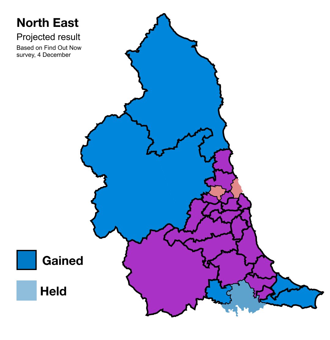 LeftieStats's tweet photo. 🗳️ #GE2029 projection in North East England:

🟪 REF 19 seats (+19)
🟦 CON 6 seats (+5)
🟥 LAB 2 seats (-24)

Based on @FindOutNowUK survey, 4 December https://t.co/Mt0vcL8PIk