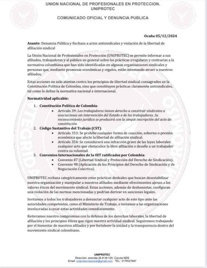 UniprotecNacion's tweet photo. 🚨DENUNCIA PÚBLICA
@MintrabajoCol @PGN_COL @CGR_Colombia @FiscaliaCol @UNPColombia @prosegures.

UT PROTECCIÓN Y VIDA, UT ANDINOS, UT ALTA SEGURIDAD, UT MAXIMUN, UT METIS, UT NCCT, UT PROTEGER, UT SEVISEGK. https://t.co/uGrDnP4k8d