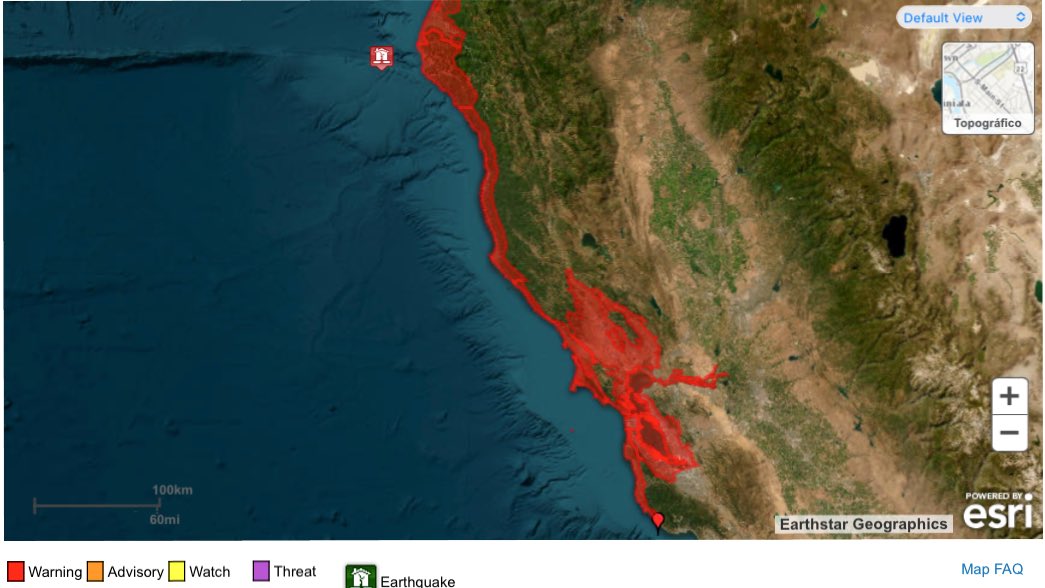 Sargox's tweet photo. 🇺🇸 #EEUU | El @USGS_Quakes informa sobre un sismo de magnitud 7 con hipocentro a 10Km de profundidad que sucedió frente a las costas de #California a las 18H44-UTC. 🚨📍
De momento se ha confirmado una alerta de #tsunami menor (perturbación local) para las costas más cercanas (excluyendo el resto del Pacífico). 🌊
⚠️ Costas alertadas vía @NWS_NTWC: #Douglas / #LaneLine, #Oregon (10 miles SW of #Florence) - #Davenport, California (10 miles NW of #SantaCruz). ¡Mucha precaución! 🇺🇸🚨