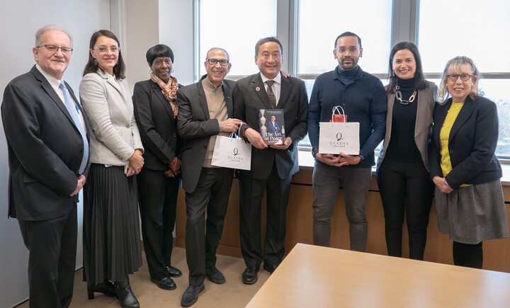 QC_News's tweet photo. Welcome home to esteemed alumnus Professor Sir Nasser David @KhaliliOnline—scholar, collector, philanthropist and @UNESCO Goodwill Ambassador—who visited QC to meet with President @frankhwu, and leadership from our School of Arts, @GodwinTernbach Museum, and Alumni Relations. https://t.co/Xo019usWZy