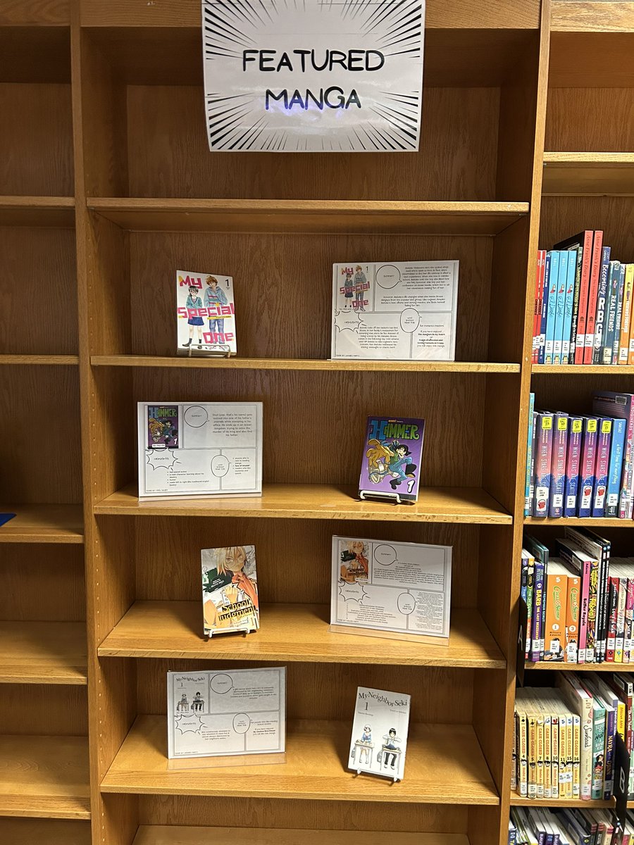 Library Council is helping me feature our 64 manga series with a collaborative Manga Guide and featured shelf. We can’t wait for students to find new manga series to read!