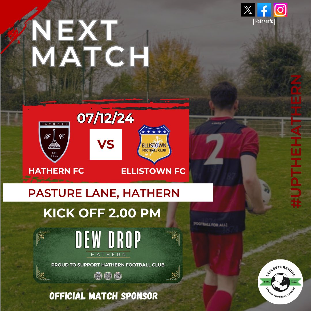HathernFC's tweet photo. NEXT UP:

Final home game before Christmas! Come down and show your support👏

A massive thanks to our official match sponsor The Dew Drop Inn!

🆚 @Ellistock 
🗓️ Saturday 7th December
🕑 14:00
📍 Pasture Lane, LE12 5LJ
💷 £3 Entry 
☕️ Refreshments available 

#upthehathern 
🔴⚫️ https://t.co/DzPVp2W2IC