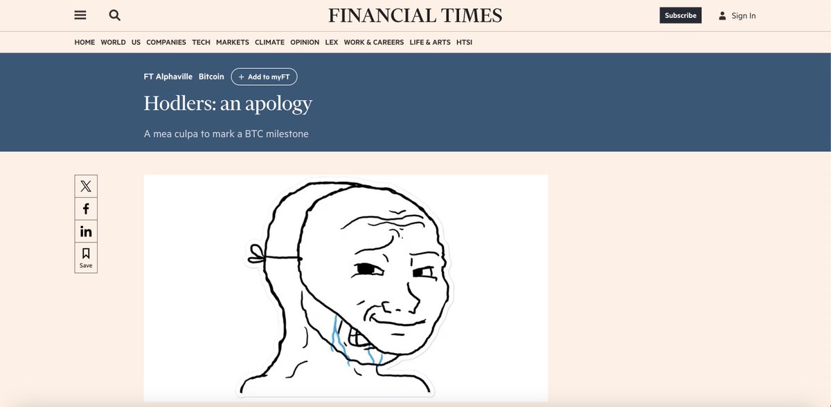 Financial Times <a href="/FT/">Financial Times</a> is [insincerely] apologizing to Bitcoin holders for their years of negative articles about crypto

They used a very fitting $WOJAK <a href="/wojakcto/"></a> meme to convey their COPE - only good part of the article

$WOJAK is and has been mainstream.

Repricing 🔜🍟