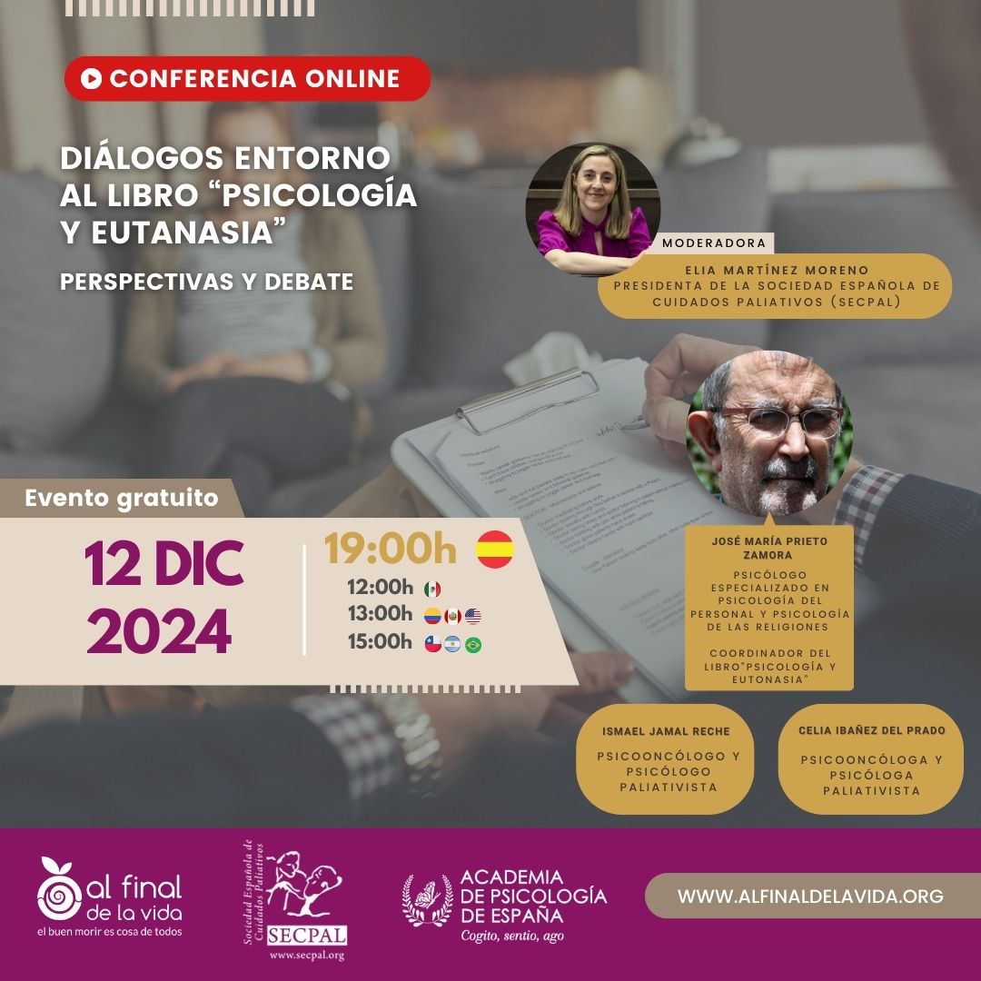 secpal_'s tweet photo. 📌 Diálogos en torno al libro 'Psicología y eutanasia. Perspectivas y debate', del proyecto #AlFinalDeLaVida

💬 Con José Mª Prieto, Ismael Jamal y Celia Ibáñez. Modera Elia Martínez 
📆 12 Dic
⏰ 19:00 (hora española)
💻 Sesión online gratuita

➕ INFO 👉 https://t.co/dOOlalA46j https://t.co/kiJPmLjH07