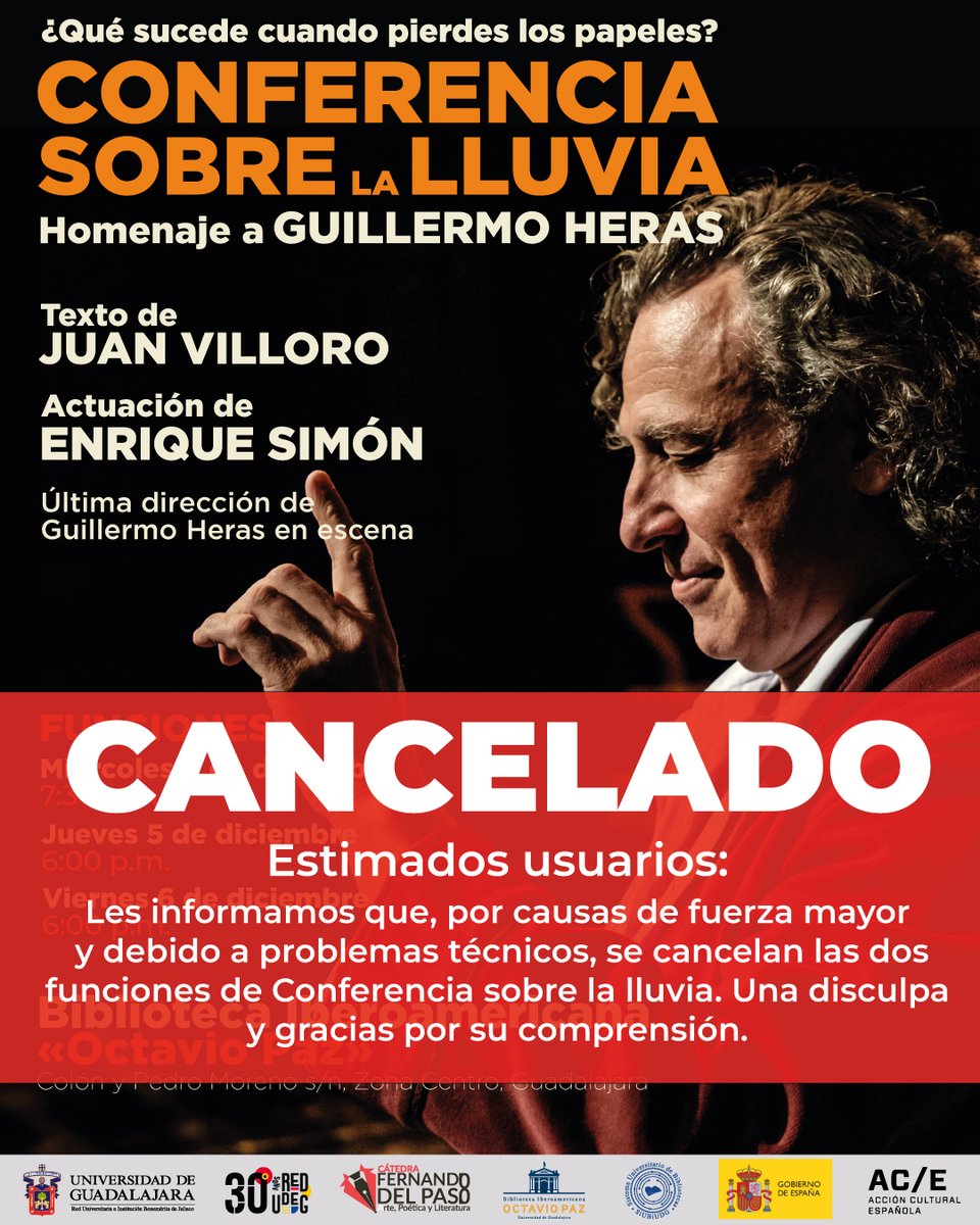 Estimados usuarios:

Les informamos que, por causas de fuerza mayor y debido a problemas técnicos, se cancelan las dos funciones de Conferencia sobre la lluvia. Una disculpa y gracias por su comprensión.