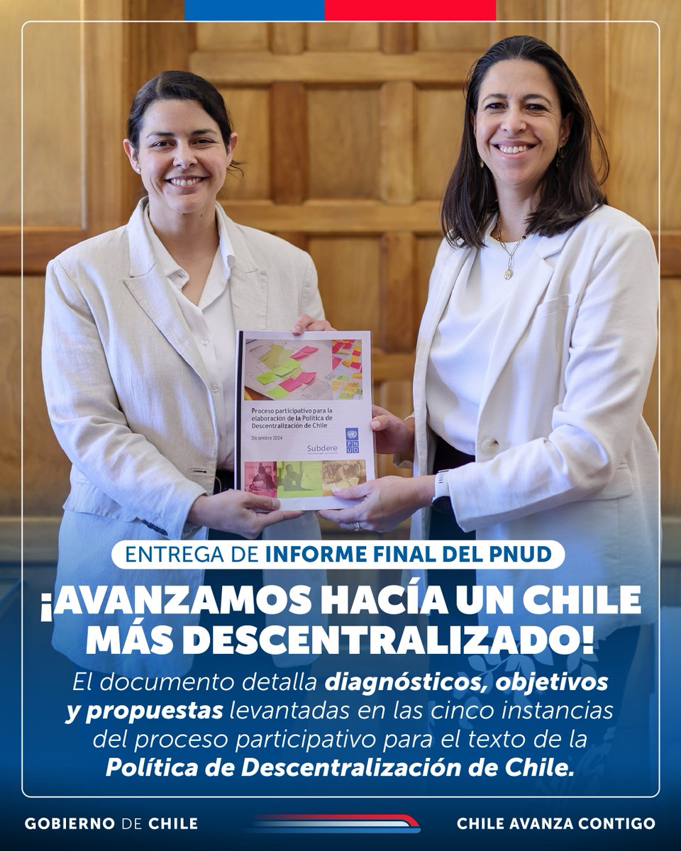📍Hoy se marca un hito hacia un Chile más equitativo y descentralizado. La Subdere y el <a href="/PNUDChile/">PNUD Chile</a> concluyen el proceso participativo que involucró a más de 5.000 personas en todo el país con la entrega de su informe final. 

¡Seguimos avanzando hacia un Chile más equitativo! 🇨🇱