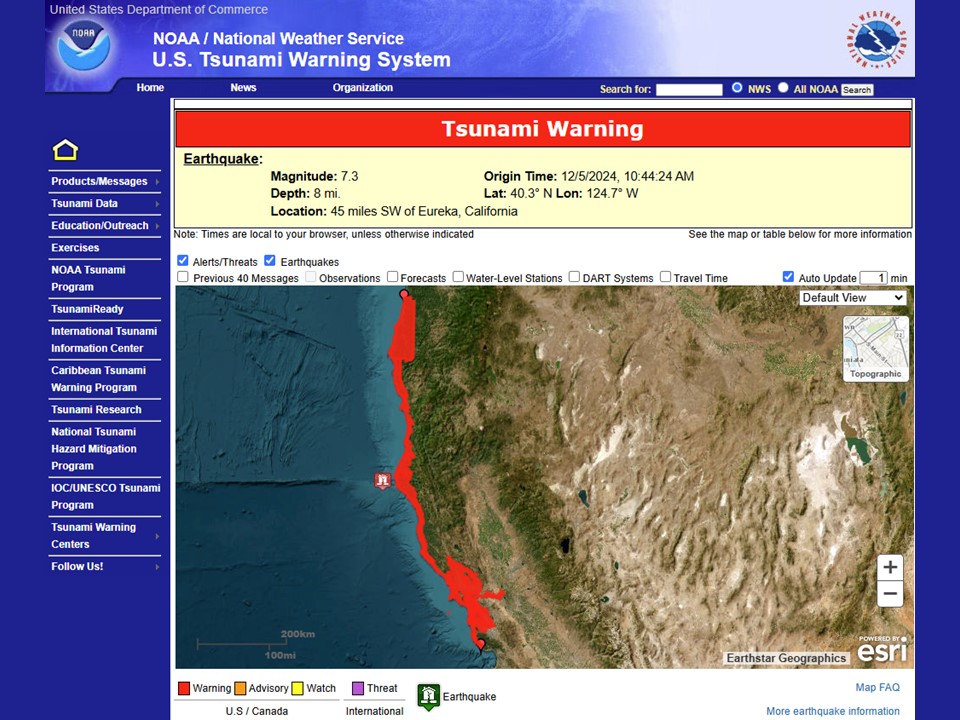 NWSPortland's tweet photo. There is a tsunami warning for the southern Oregon coast from the California border northward to the Douglas / Lane county line.  If you are in the warned area, move inland to higher ground. Visit https://t.co/mJ1zkhcLdF for more details.   #tsunami #orwx https://t.co/9cE8DQJHq7
