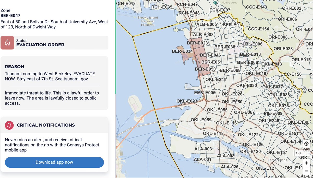 Evacuation Order for Tsunami issued for West Berkeley: 

"Tsunami coming to West Berkeley. EVACUATE NOW. Stay east of 7th St. See tsunami.gov.

Immediate threat to life. This is a lawful order to leave now. The area is lawfully closed to public access."