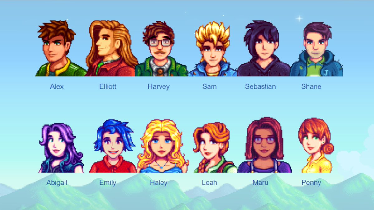 nicodiangels_'s tweet photo. minha humilde opinião sobre os npcs do stardew valley casáveis e não casáveis; a thread https://t.co/DFKNZVuWuq
