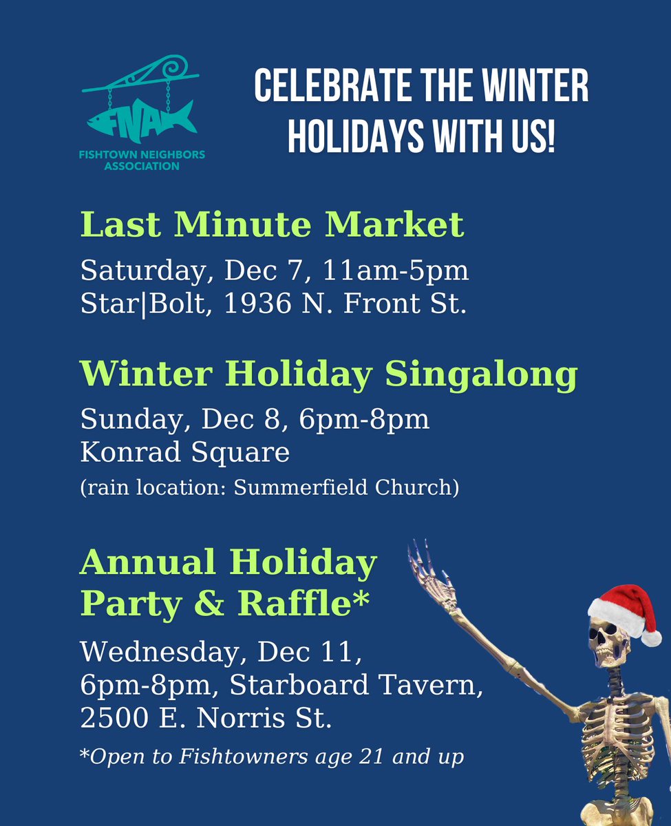 Epic holiday happenings are coming soon, neighbors!

⛄️ December 7 - Last Minute Market
⛄️ December 8 - Winter Holiday Singalong
⛄️ December 11 - Annual Holiday Party &amp; Raffle (for neighbors age 21 and up)

Full details at Fishtown.org/Calendar