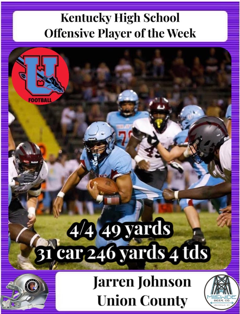 54SportsNetwork's tweet photo. The Will Show’s KY HS Football Offensive Player of the Wk, sponsored by @MileWideBeer is @UCBraves @JarrenJohnson1_ congratulations!!! #highschoolfootball #highschoolsports #TheWillShow https://t.co/LMs4VyQh30