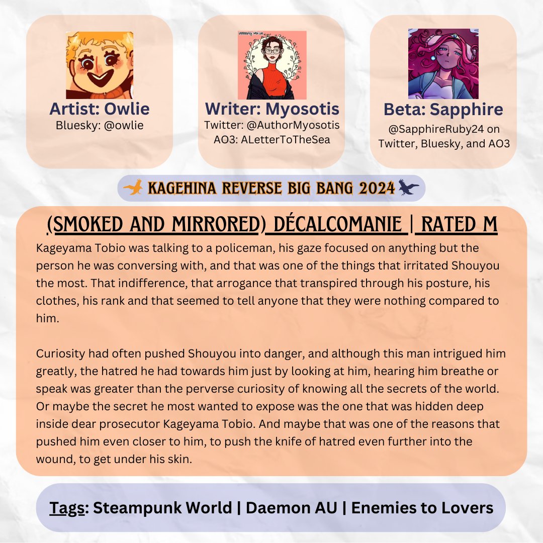 (Smoked and Mirrored) Décalcomanie by writer @authormyosotis with beta <a href="/SapphireRuby24/">Sapphire 🍉 | daisuga vampire au 📌</a> and art by Owlie (owlie on Bluesky) 🧡💙