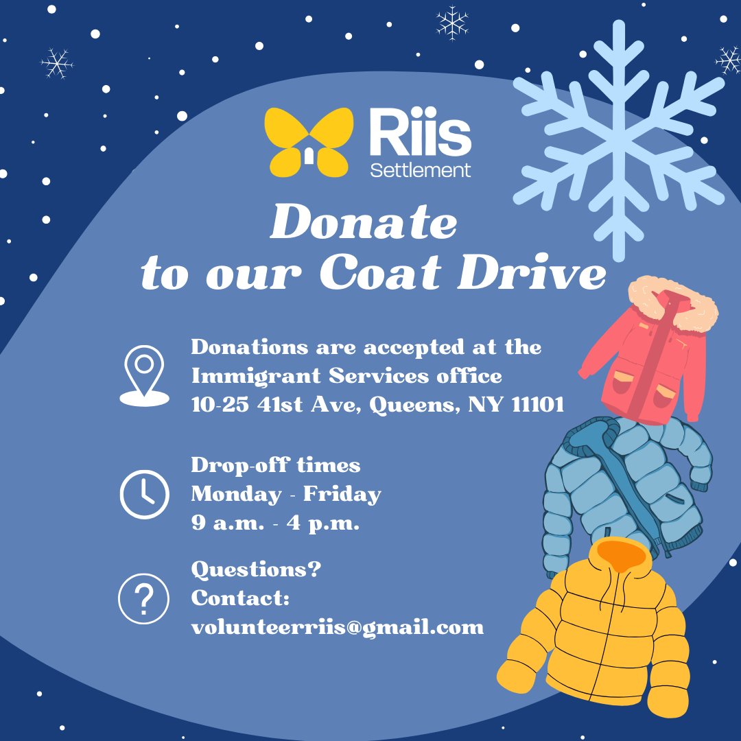 Riis is hosting a coat drive to meet our community's needs this winter! Please drop off any donations to our Immigrant Services office and spread the word! #nonprofit #coatdrive