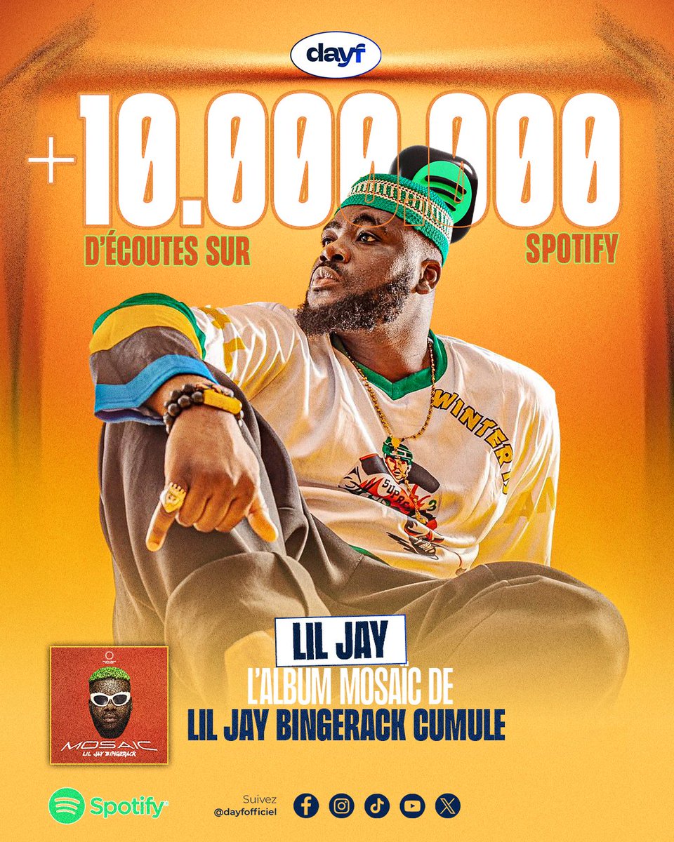 L'album "#Mosaïc" de <a href="/LiljayBingerack/">FOU DU BUS</a>  continue de faire sensation!  
Avec plus de +10M de streams sur <a href="/Spotify/">Spotify</a> , ce projet est un véritable succès qui confirme le talent.  Une performance exceptionnelle qui place LilJay parmi les artistes les plus écoutés de la scène musicale.