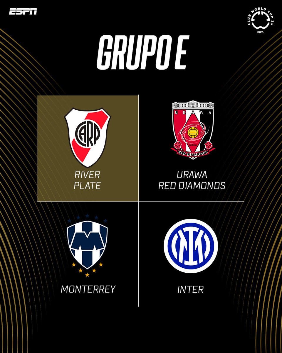 ESPNArgentina's tweet photo. ✅ ¡CONFIRMADO EL GRUPO DEL MILLONARIO!

👉🏼 #River 🇦🇷 jugará en el Grupo E junto a #Monterrey 🇲🇽, #Inter 🇮🇹 y Urawa Red Diamonds 🇯🇵.

🤔 ¿Fácil? ¿Difícil? ¿Qué te pareció la zona que le tocó al conjunto de Marcelo Gallardo?

▶️ No te pierdas el sorteo del #FIFACWC, en vivo por #DisneyPlus