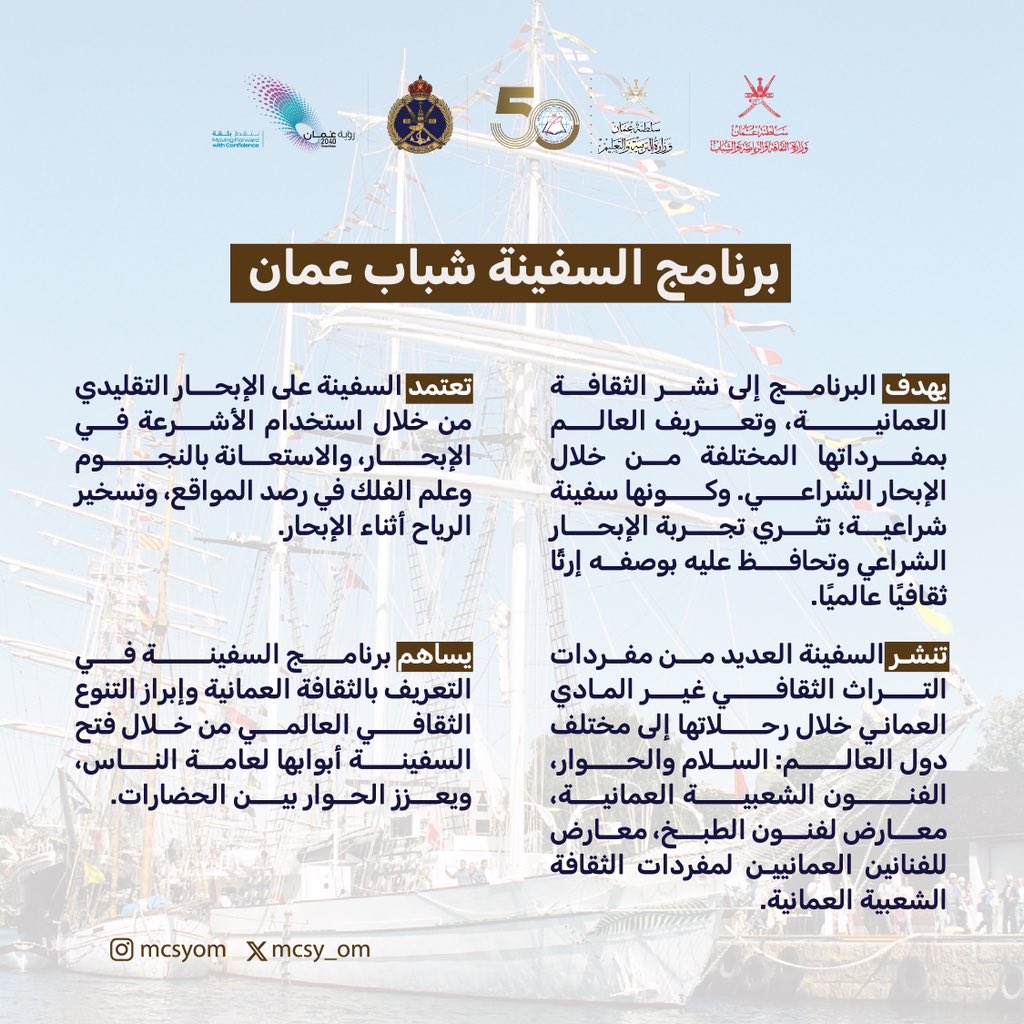 كيف نوائم بين ممارساتنا العُمانية الأصيلة وتغيّرات العصر؟

نتشارك هنا مثالاً يتجسّد في السفينة #شباب_عُمان وما أنجزته في صون تراثنا الثقافي غير المادّي.

#شباب_عُمان_في_اليونسكو