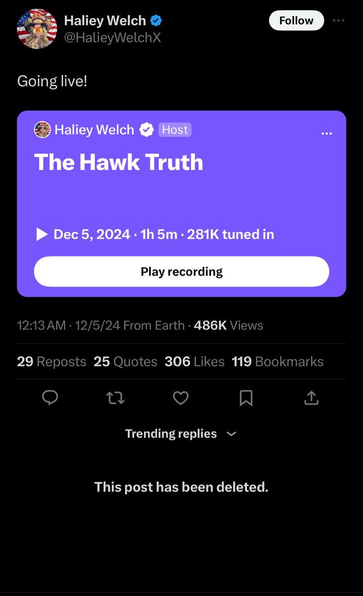 AutismCapital's tweet photo. 🚨UPDATE: Haliey Welch, the Hawk Tuah girl, has deleted the recording of last night's X Spaces where she tried to explain why her token dumped. 

Also all of her recent posts having to do with her token have been community noted. 

These "celebrity" coin grifts need to stop. https://t.co/oztlHZy3Ns