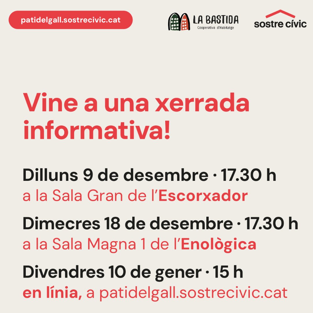 LaBastidaCoop's tweet photo. 💭 "LA BASTIDA–PATI DEL GALL tindrà 24 habitatges d’1 a 4  habitacions. Dissenyat per fomentar la vida comunitària, disposarà  d’espais compartits (bugaderia col·lectiva, sala polivalent amb  cuina, etc) i aparcament per a vehicles i bicicletes"

Véns? 

ℹ️https://t.co/ZH5OORXY04 https://t.co/Kwhr3172SK