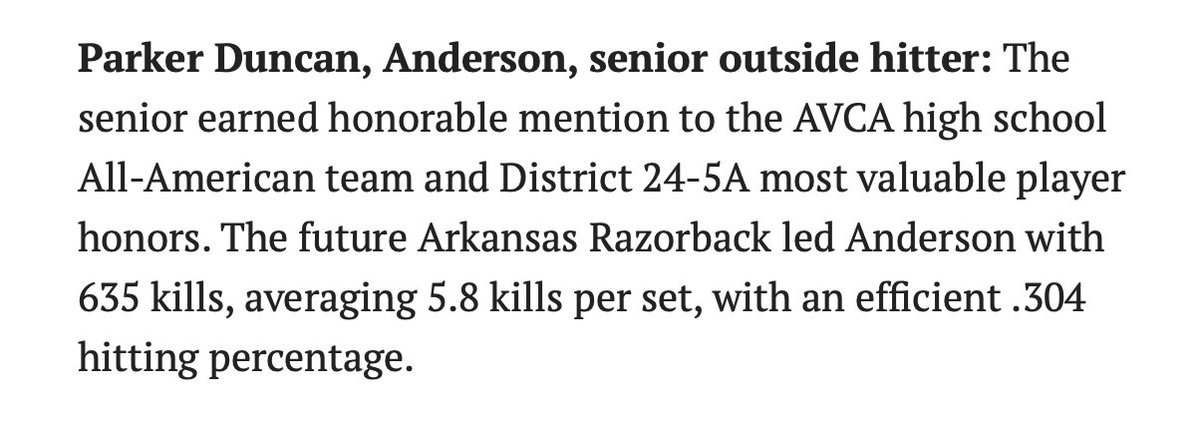 Parker Duncan (@parker_duncan44) on Twitter photo Thank you so much <a href="/ASJSportsATX/">Austin Sports Journal</a> for naming me to the All-Austin Metro first team! So thankful to have had such a fun senior season! <a href="/AHSTrojanVball/">Anderson Trojan Volleyball</a> <a href="/AustinJuniors/">Austin Junior Volleyball</a> <a href="/RazorbackVB/">Razorback Volleyball</a> Thank you so much <a href="/ASJSportsATX/">Austin Sports Journal</a> for naming me to the All-Austin Metro first team! So thankful to have had such a fun senior season! <a href="/AHSTrojanVball/">Anderson Trojan Volleyball</a> <a href="/AustinJuniors/">Austin Junior Volleyball</a> <a href="/RazorbackVB/">Razorback Volleyball</a>