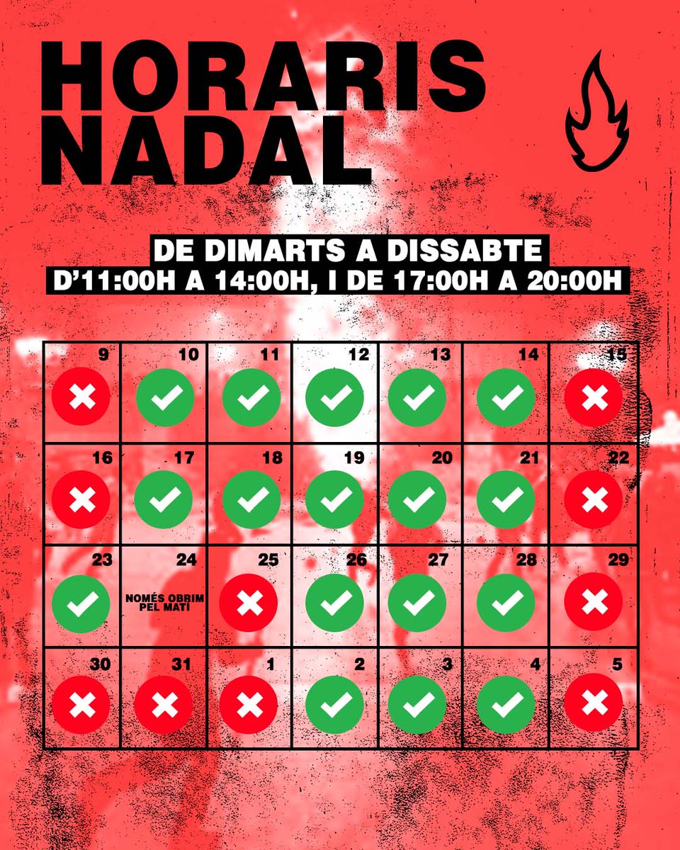 🔥HORARIS DE NADAL🔥

De dimarts a dissabte, d'11h a 14h, i de 17h a 20h.
Passeu-vos a saludar i dessitjar-nos bones festes.
🌲❄️