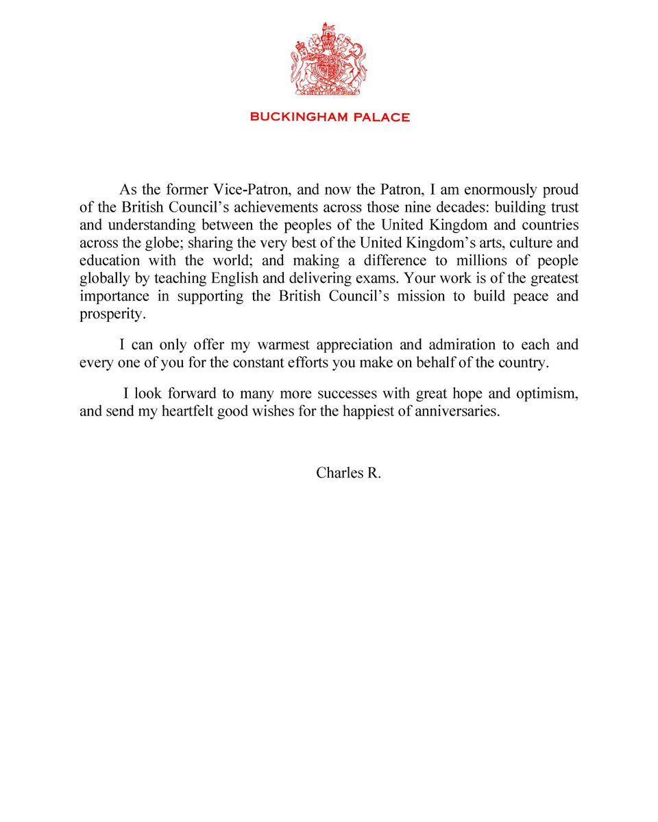 We're honoured to share a special message from our Patron, His Majesty King Charles III, on our 90th anniversary today, inspiring us to continue our work in building connections, understanding and trust.

Thank you to everyone who has been part of our journey.

#BritishCouncil90
