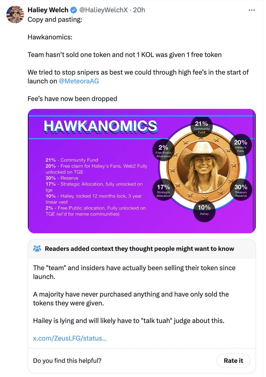 AutismCapital's tweet photo. 🚨UPDATE: Haliey Welch, the Hawk Tuah girl, has deleted the recording of last night's X Spaces where she tried to explain why her token dumped. 

Also all of her recent posts having to do with her token have been community noted. 

These "celebrity" coin grifts need to stop. https://t.co/oztlHZy3Ns