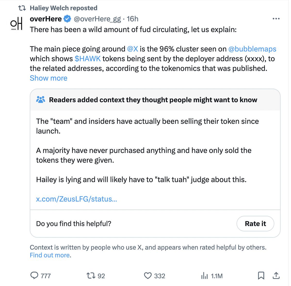 AutismCapital's tweet photo. 🚨UPDATE: Haliey Welch, the Hawk Tuah girl, has deleted the recording of last night's X Spaces where she tried to explain why her token dumped. 

Also all of her recent posts having to do with her token have been community noted. 

These "celebrity" coin grifts need to stop. https://t.co/oztlHZy3Ns