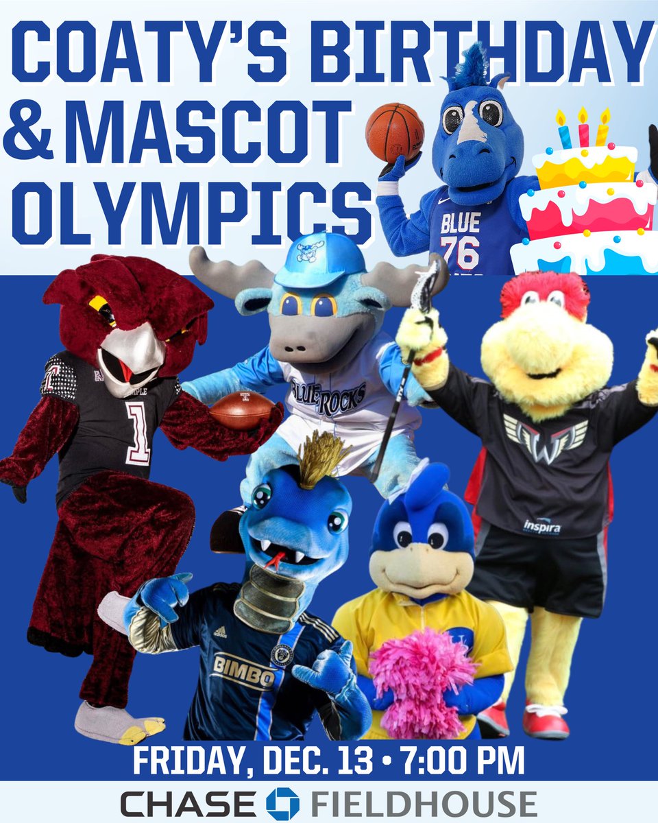 it’s that time of the year again! join us for Coaty’s Birthday &amp; Mascot Olympics on Friday, Dec. 13th at 7pm. 🥳🎁 

🎟️ shorturl.at/GhovH
📍 <a href="/TheChaseFH/">Chase Fieldhouse</a> 

Coats 🆚 905