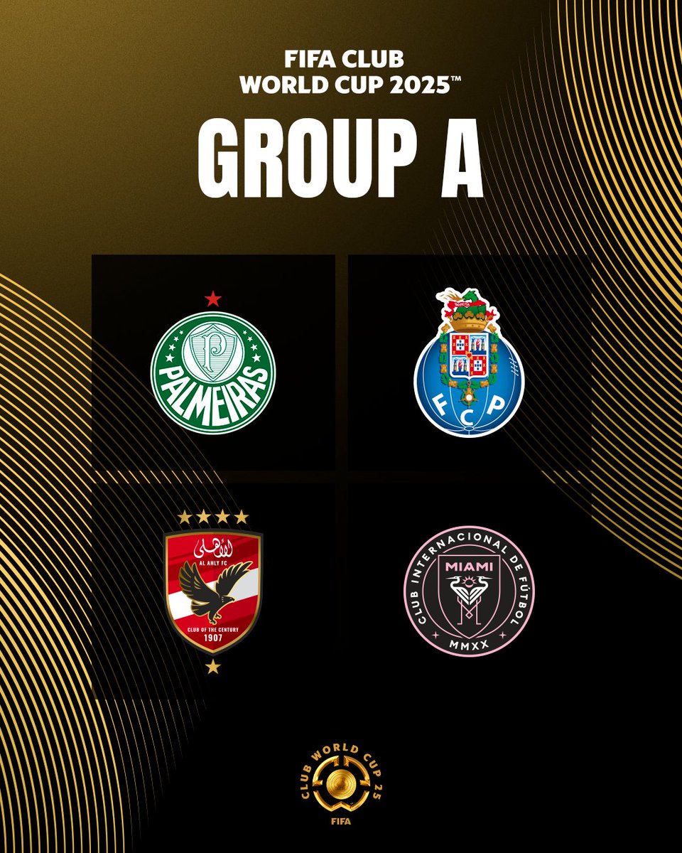 FIFACF's tweet photo. Group A

🇧🇷 @Palmeiras
🇵🇹 @FCPorto
🇪🇬 @AlAhly
🇺🇸 @InterMiamiCF

#TakeItToTheWorld | #FIFACWC https://t.co/YX9GrgDvdg