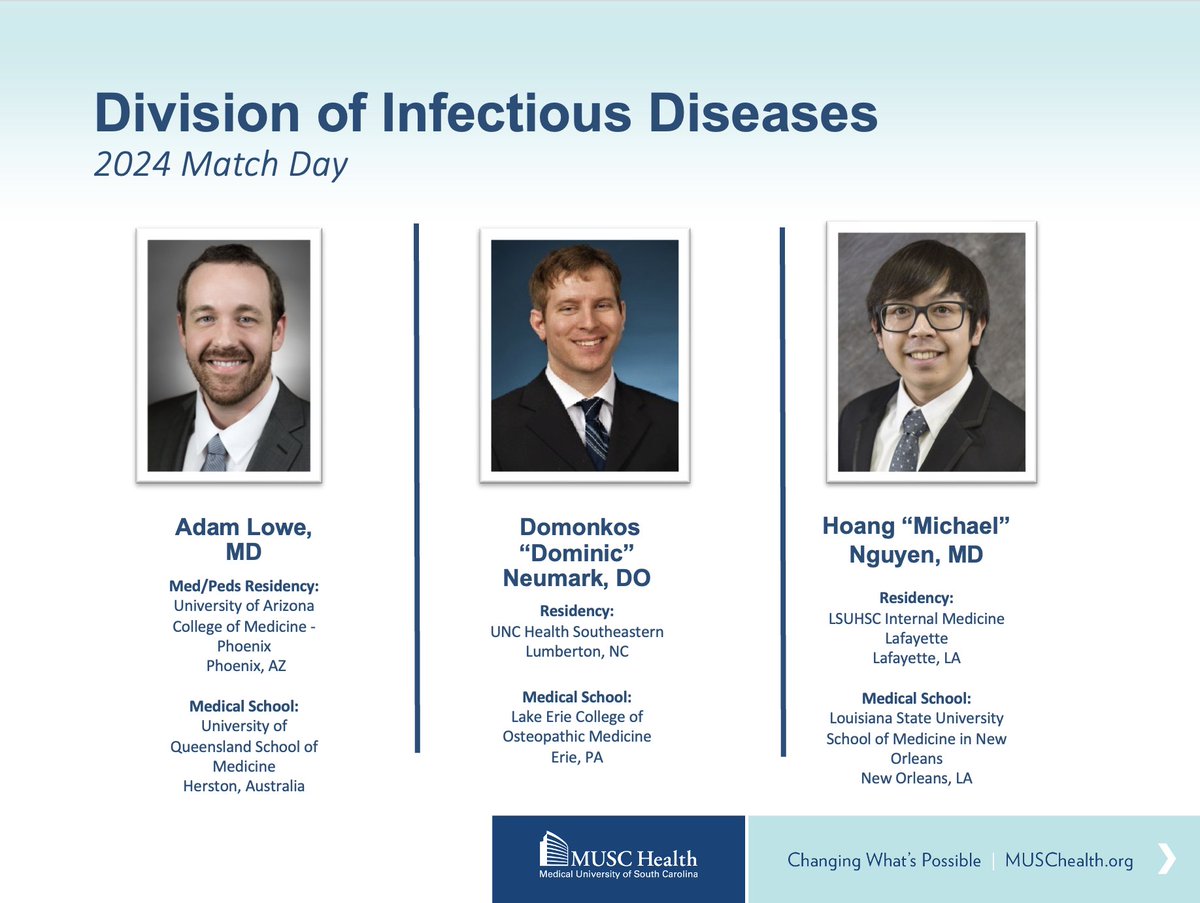 MUSC Infectious Diseases (@id_musc) on Twitter photo Congratulations to all incoming ID fellows on Match Day 2024 yesterday!
We are THRILLED to announce our fellowship filled with 3 incredible physicians. Welcome to the <a href="/ID_MUSC/">MUSC Infectious Diseases</a> family!
#IDTwitter #IDXposts Congratulations to all incoming ID fellows on Match Day 2024 yesterday!
We are THRILLED to announce our fellowship filled with 3 incredible physicians. Welcome to the <a href="/ID_MUSC/">MUSC Infectious Diseases</a> family!
#IDTwitter #IDXposts