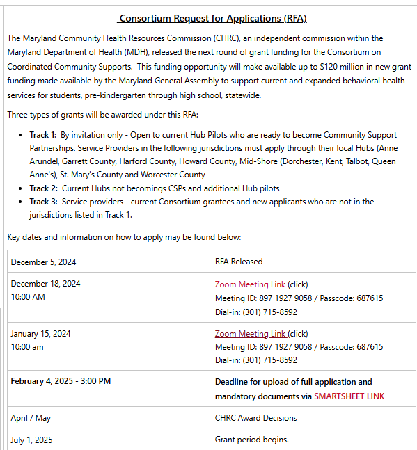 The next round of grant funding for the Consortium on Coordinated Community Supports of up to $120 million to support current and expanded behavioral health services for students, pre-kindergarten through high school, statewide. <a href="/MABE_News/">MD School Boards</a> 
health.maryland.gov/mchrc/Document…