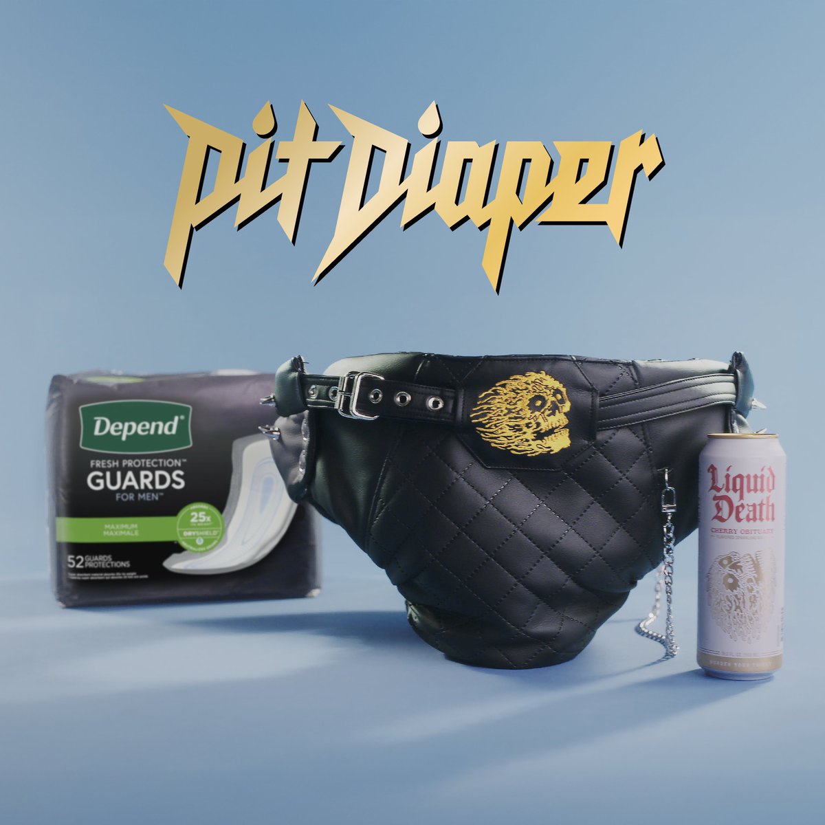 LiquidDeath's tweet photo. Never leave the safety of the mosh pit for a mid-show bathroom break ever again with the Pit Diaper from #LiquidDeath and powered by @Depend! The Pit Diaper is already SOLD OUT but you can still watch the commercial here: https://t.co/803tKCLfxQ https://t.co/uudDNPGRtU