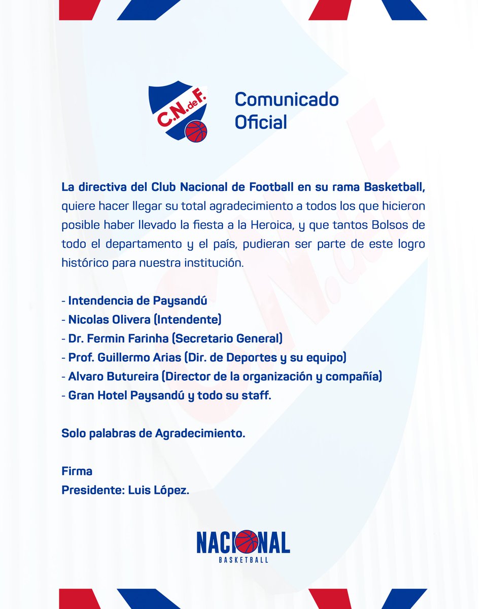 📌 Comunicado del Club Nacional de Football rama Basketball

#MismoEscudoMismaPasión️ 
#ElClubGigante 🔵⚪️🔴