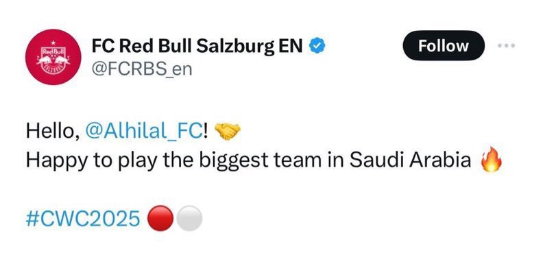 HlaaLY10's tweet photo. حساب نادي سالزبورغ 🇦🇹 عبر 𝕏 :

" آهلًا الهلال ، سعيدين باللعب أمام أكبر نادي في المملكة العربية السعودية ".

#FIFACWC | #Alhilal 
 #الهلال_قرعه_كأس_العالم https://t.co/cj3FPXZ7NB