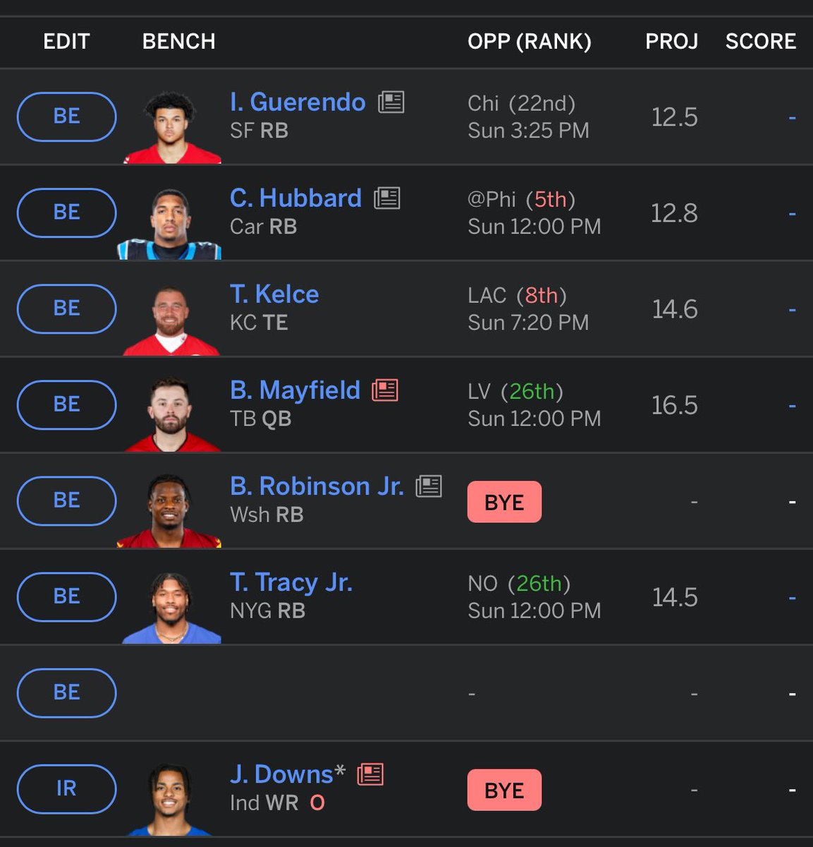 sugashaneyt's tweet photo. Need help with this week’s fantasy football lineup. Need a huge win to leap frog from looking into the playoffs (currently tied 5th) to playing into the playoffs. Which tight ends do I put out this week? Or do I take a chance and pick up Allen or Jennings? https://t.co/OpFl9HjDFY