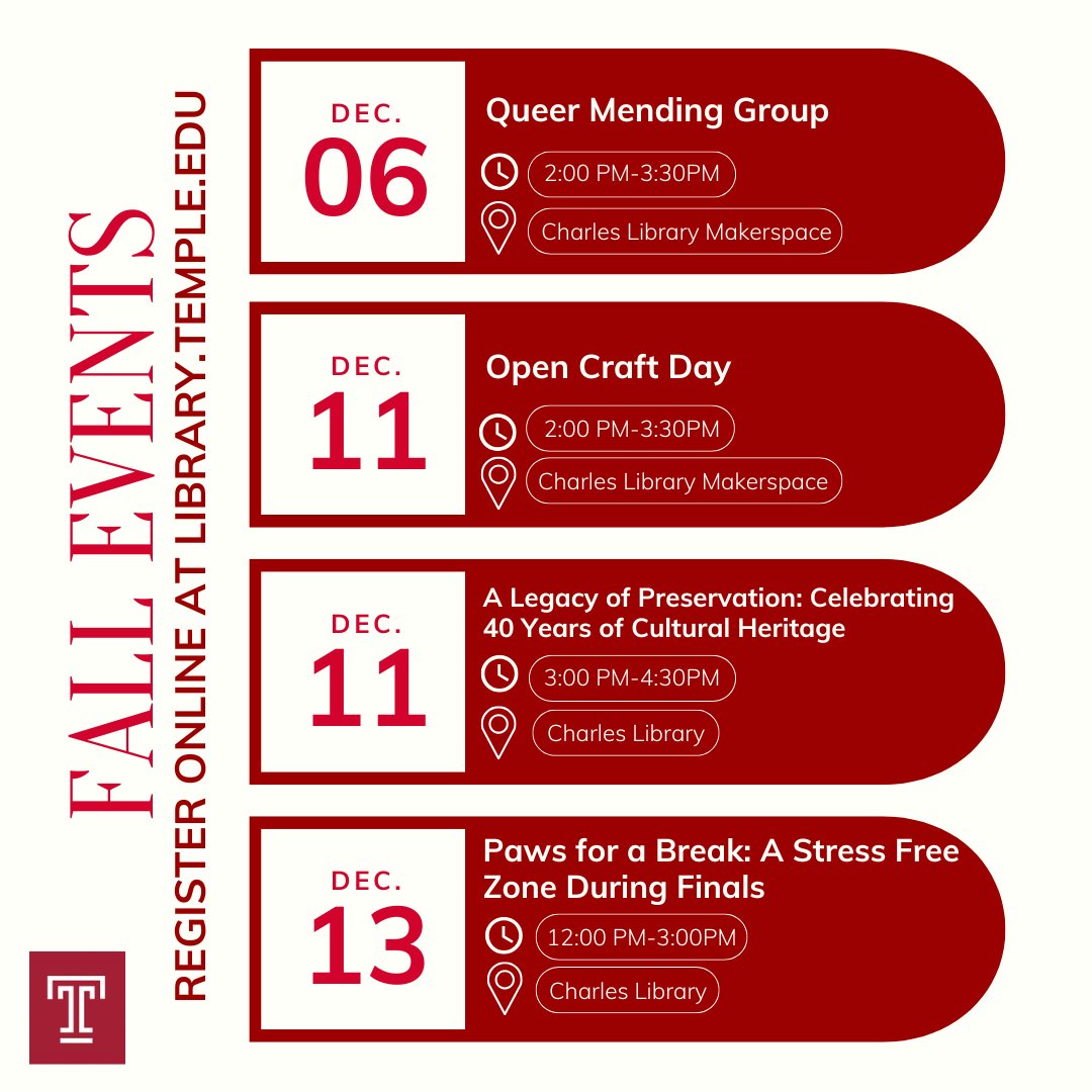 Don't miss out on the last events of the semester, Owls! 🦉📚️🎓️

Register here: library.temple.edu/events!
