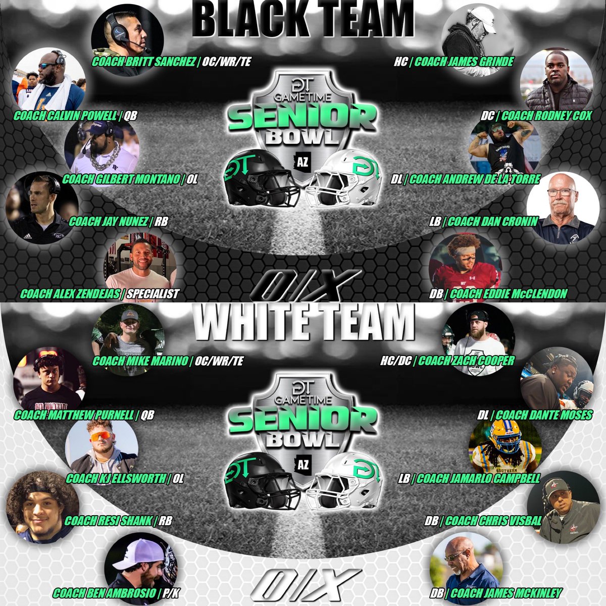 🔥🏈2025 <a href="/GT_SeniorBowl/">Gametime Senior Bowl & Events</a> Coaches🏈🔥

Old Faces. New Faces. Guys that have college or professional experience (playing or coaching). Guys who are HS coaches or trainers. Gametime R&amp;C put together a staff of 20 coaches that are going to impact these players’ lives forever. January