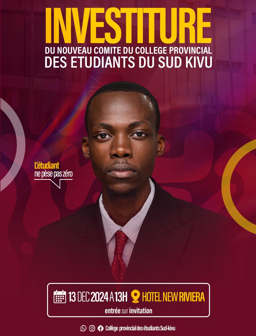 College_Uea's tweet photo. 📣📣📣 Nous vous annonçons  l'investiture du nouveau porte-parole Provincial des étudiants  du Sud-Kivu, @salomon_kizito qui se tiendra le Vendredi 13 décembre 2024 à l'hôtel New Riviera à Bukavu. 

Entrée : SUR INVITATION https://t.co/ylJFdJthV7