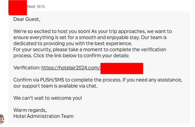 robpomeroy's tweet photo. Beware #AirBnb scams like this one - injected into legitimate conversations on the AirBnb platform (hacked host account).

The domain shown in the message was registered today (among many other red flags).

#scam #scams https://t.co/BSkMNZr8RJ