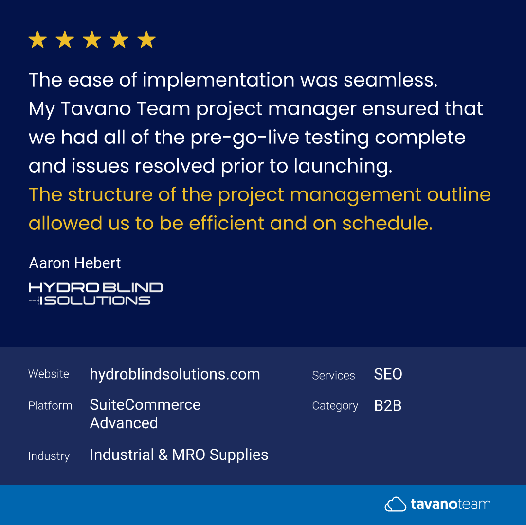 tavanoteam's tweet photo. #OurClientsAreSayingโ
โ
๐จ๐ฝโ๐ป Hydro Blind Solutions relied on our experts to transition their #eCommerce website to #SuiteCommerce Advanced, design and develop their new online store, and help them with their #SEO strategy as well.โ
โ
๐ Thank you for the kind words! https://t.co/sRQdyQi6EQ