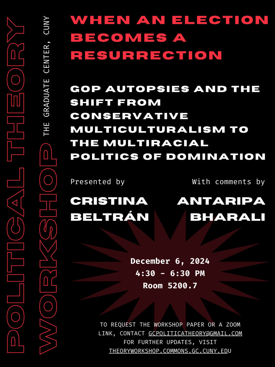 GC PoliSci Program (@gc_polisci) on Twitter photo Join the Political Theory Workshop <a href="/GC_PoliSci/">GC PoliSci Program</a> this Friday to discuss Cristina Beltrán's paper on "When an Election Becomes a Resurrection"
<a href="/CBeltranNYU/">Cristina Beltrán</a>
<a href="/GC_CUNY/">The Graduate Center</a> Join the Political Theory Workshop <a href="/GC_PoliSci/">GC PoliSci Program</a> this Friday to discuss Cristina Beltrán's paper on "When an Election Becomes a Resurrection"
<a href="/CBeltranNYU/">Cristina Beltrán</a>
<a href="/GC_CUNY/">The Graduate Center</a>