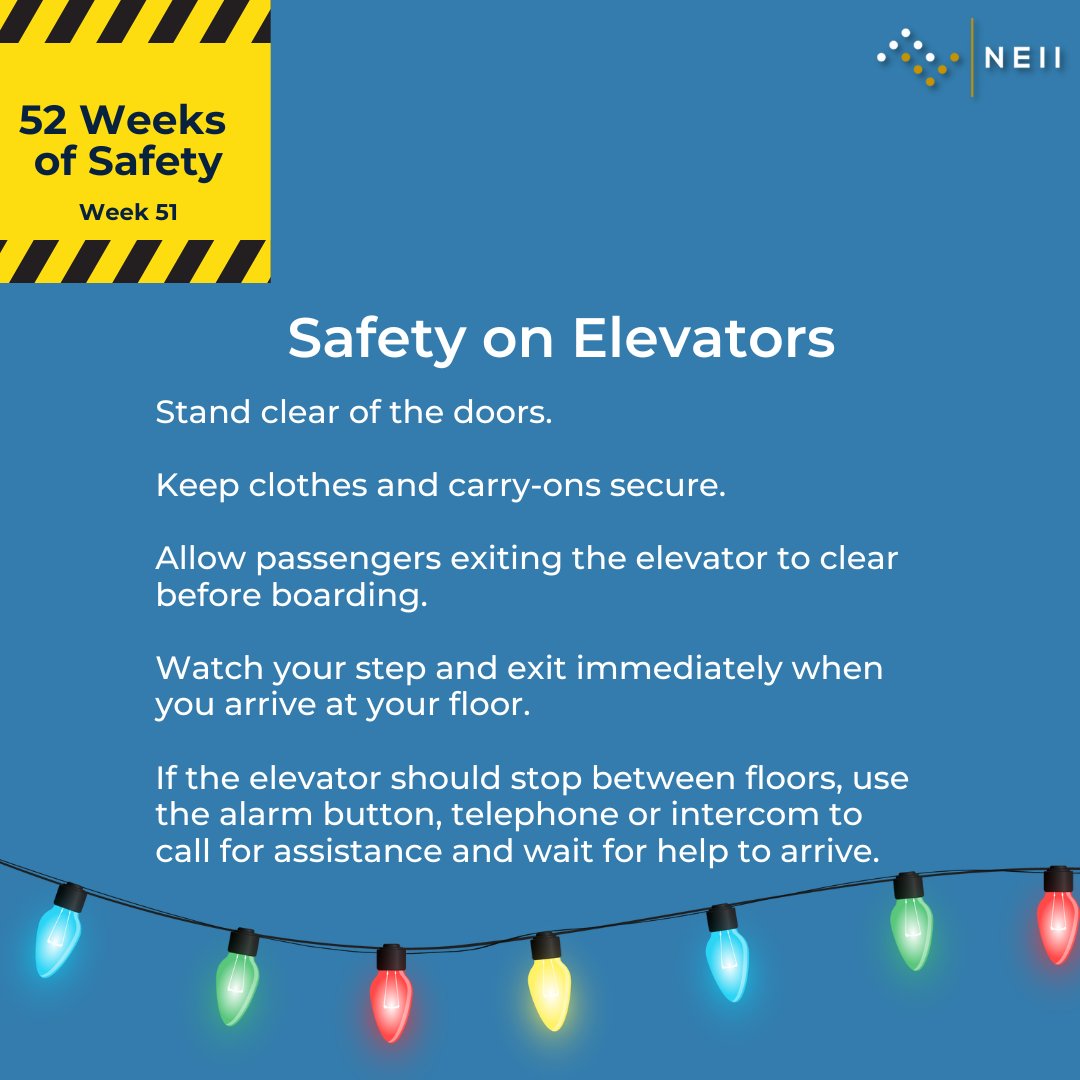 Keep the happiest time of the year merry by following some basic elevator safety tips as we are all hustling and bustling to get where we need to go for our shopping and celebrations.  

Read all of our safety tips here: nationalelevatorindustry.org/rider-safety/ #52weeksofsafety
